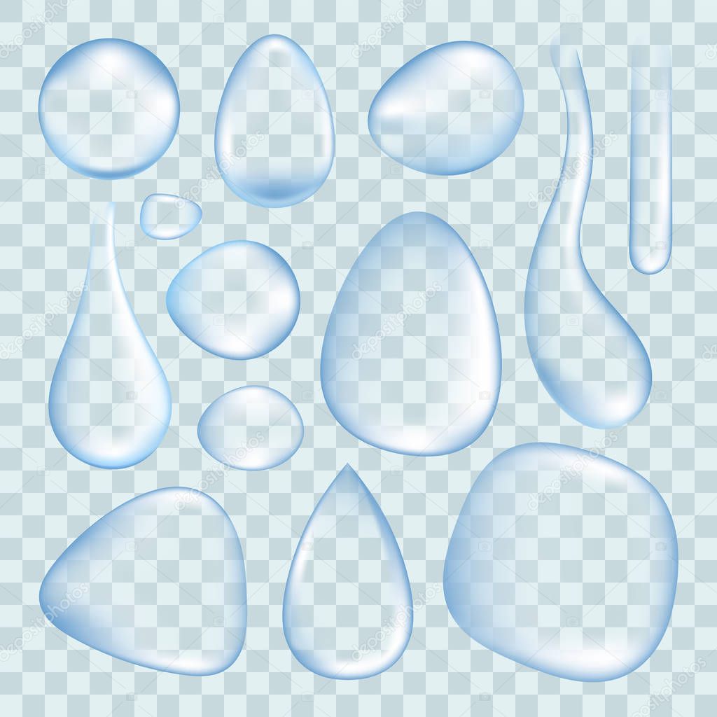 Realistic transparent water isolated drops. Vector flat graphic design illustration