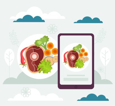 İnternetten yemek siparişi teslimatı konsepti. Vektör düz grafik tasarım çizgi film illüstrasyonu