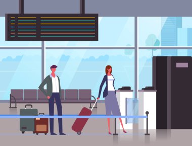 İnsanlar, pasaport kontrolünde bekleyen turist karakterleri. Vektör düz çizgi film grafik tasarım çizimi