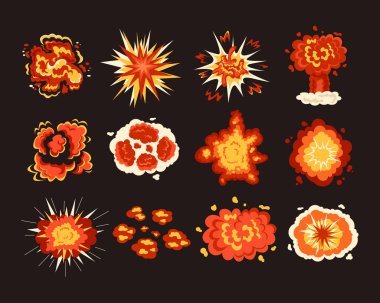 Patlama sahnesi, izole edilmiş alev bombası seti koleksiyonu. Vektör düz grafik tasarım çizgi film illüstrasyonu