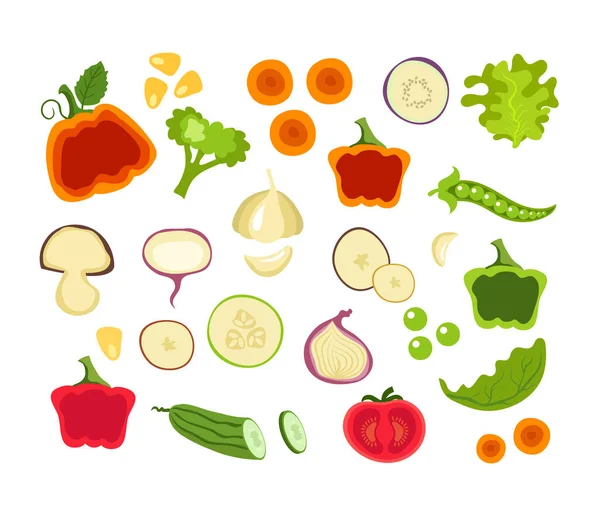 蔬菜切片 半孤立的集合集合 矢量平面平面设计卡通画 — 图库矢量图片