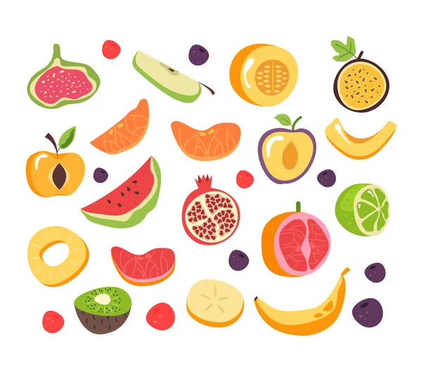 Corte Rodajas Fruta Aislada Colección Conjuntos Ilustración Dibujos Animados Diseño — Vector de stock