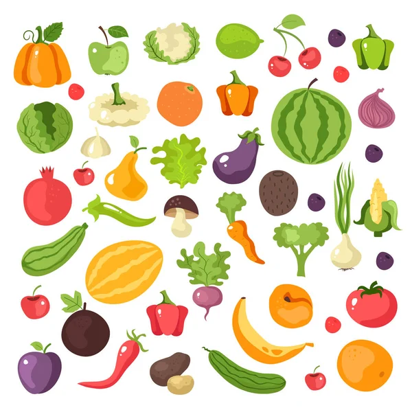 Frukt Och Grönsaker Isolerad Samling Set Ikon Vektor Platt Grafisk — Stock vektor