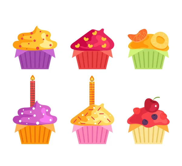 Sweet Tasty Isolated Birthday Cupcake Set Collection Vector Flat Graphic — Stock Vector