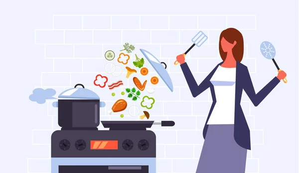 Cozinhar Personagem Mulher Preparando Conceito Comida Desenho Gráfico Plano Vetorial — Vetor de Stock