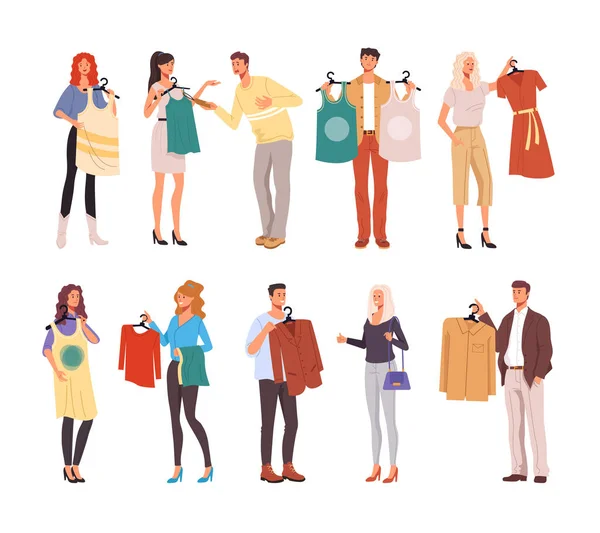 People Man Woman Consumers Characters Trying Clothes Shopping Concept Vector — Stock Vector
