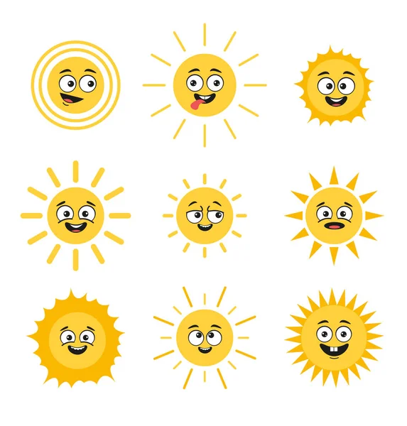 Щасливі Усміхнені Сонячні Персонажі Коміксів Ізольовані Набір Колекції Вектор Плоский — стоковий вектор