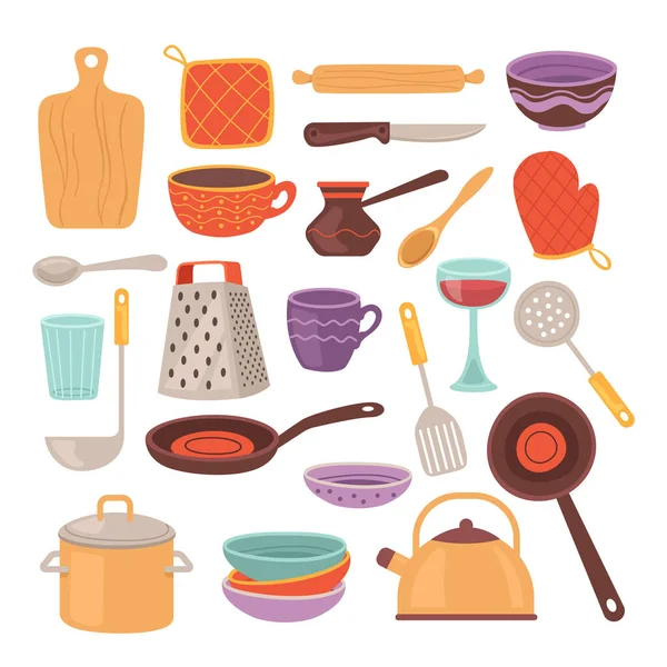 Herramientas Cocina Accesorio Colección Conjunto Aislado Simple Vector Plano Dibujo — Archivo Imágenes Vectoriales