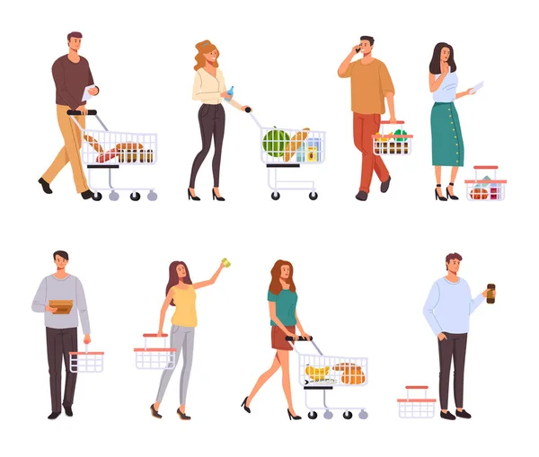 Die Menschen Kaufen Lebensmittel Isolierten Supermärkten Vektor Grafikdesign Konzept — Stockvektor