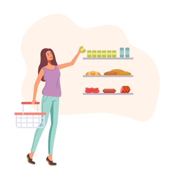 Personaje Femenino Eligiendo Comida Supermercado Ilustración Diseño Gráfico Vectorial — Vector de stock