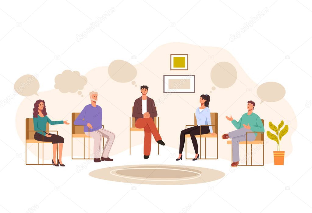 Group people psychology problems therapy concept. Vector graphic design illustration