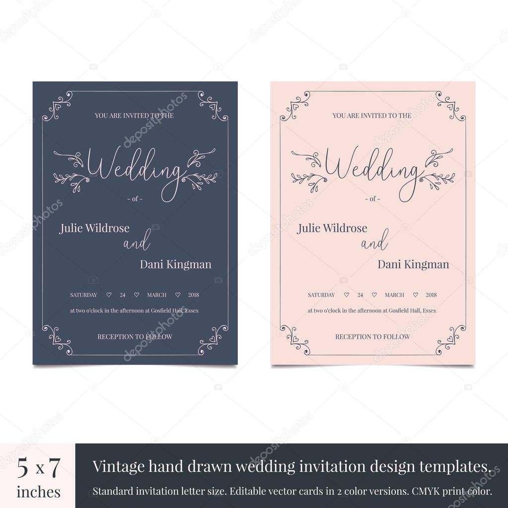 Hand drawn doodle wedding invitations design template. Hand drawn invitations wedding card design with vintage flourishes. Vintage wedding card design templates for marriage invitation letter format. 