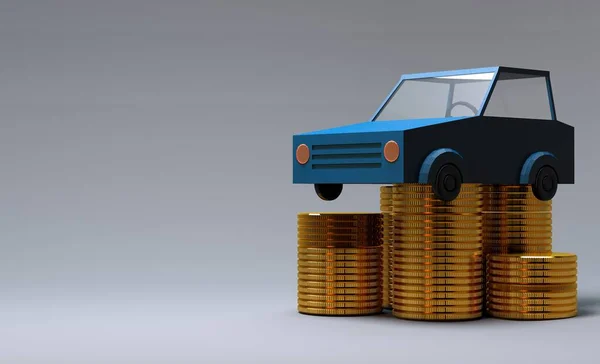 Modré auto na zlatých mincích, 3D ilustrace, červené auto před zlatými mincemi, 3D ilustrace, bílé pozadí — Stock fotografie