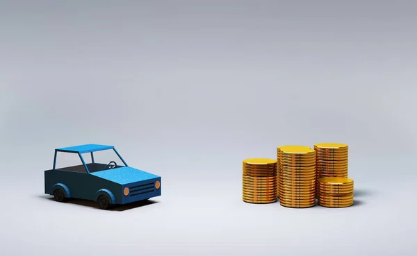 Blauwe auto voor gouden munten, 3D-illustratie, Rode auto voor gouden munten, 3D-illustratie, witte achtergrond — Stockfoto