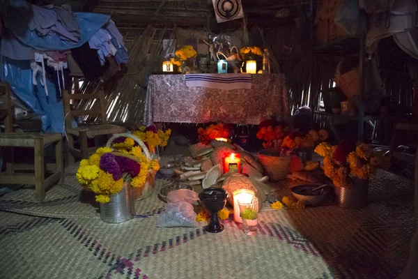 Cena de um altar para o dia dos mortos no méxico com um milho uma abóbora em um tapete feito com pétalas de flores de calêndula, panela de barro para queimar incenso — Fotografia de Stock