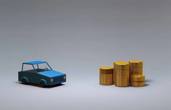 blue car on gold coins, 3d illustration,Red car in front of gold coins, 3d illustration, white background