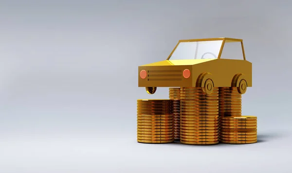 Golden car on gold coins, 3d illustration,Red car in front of gold coins, 3d illustration, white background — Stock Photo, Image