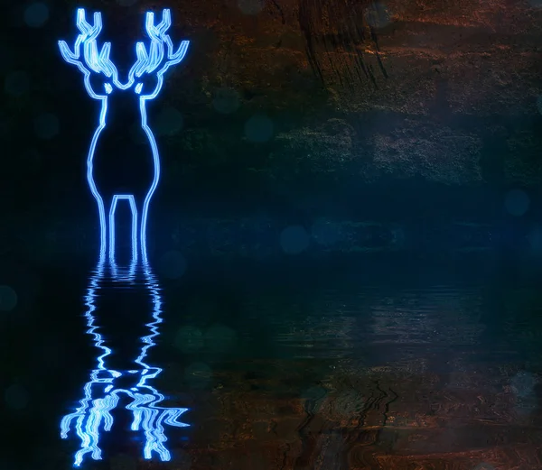 Neonowe tło, z cegły tekstury, niebieski kształt jelenia — Zdjęcie stockowe