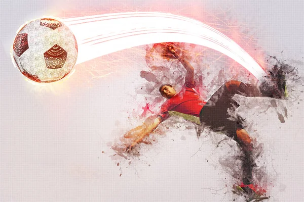 Balón de tiro de futbolista, Diseño de promoción deportiva, silueta con color rojo neón, pista de balón. —  Fotos de Stock