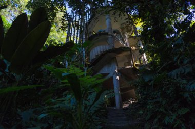 surreal architecture, fantastic landscape, beautiful old castle,Beautiful structures, jungle and waterfalls in Edward James´s surreal botanical garden, Xilitla, San Luis Potosi, Mexico