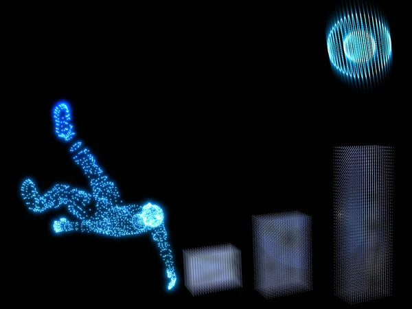 Piłkarz w akcji na czarnym tle z białym dymem i trybem technologicznym niebieski gracz, niebieski skok piłki; Ilustracja 3D — Zdjęcie stockowe