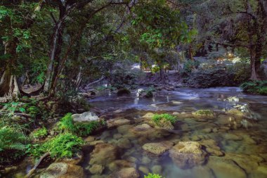 river flowing into waterfall ,night photo ,place for rafting, Panoramic beautiful deep forest waterfall ,Nature Los Micos, National Park in San Luis Potosi, Mexico clipart