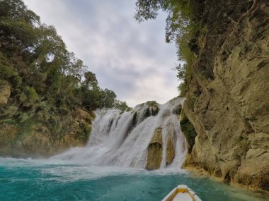 Unbelievable summer morning scene on the Waterfall (EL SALTO-EL MECO) san luis potosi Mexico,Colorful sunrise . Beauty of nature concept background.