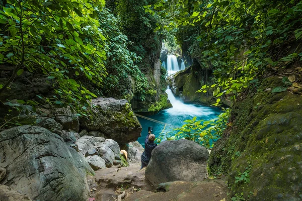 Panorâmica Bela Cachoeira Floresta Profunda Salto Meco San Luis Potosi — Fotografia de Stock