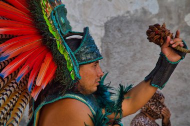 Sacromonte Amecameca - February 27, 2020: Aztec dancers dancing in the Parque nacional Sacromonte