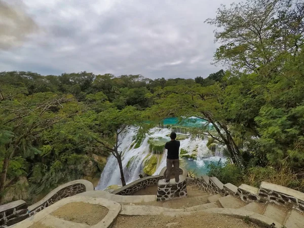 Unbelievable Summer Morning Scene Waterfall Salto Meco San Luis Potosi — Stock Photo, Image