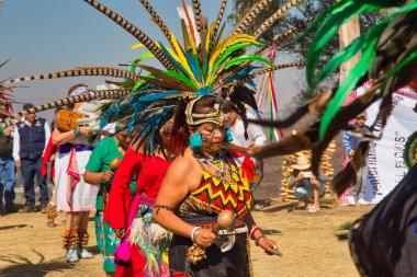  Sacromonte Amecameca - February 27, 2020: dancer characterized with prehispanic costumes in the Parque nacional Sacromonte