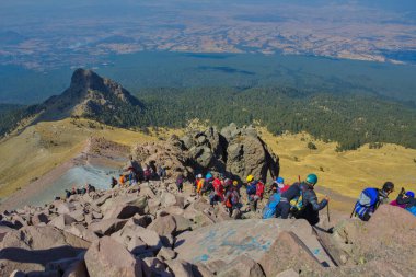 Tlaxcala, Puebla, Mexico, March 2, 2020: group of mountaineers ascending to the chasm of the malinche volcano