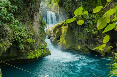 Panoramic beautiful deep waterfall in Bridge of God and Waterfalls of Tamasopo san luis potosi mexico clipart