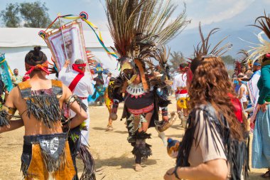  Sacromonte Amecameca - February 27, 2020: dancer characterized with prehispanic costumes in the Parque nacional Sacromonte