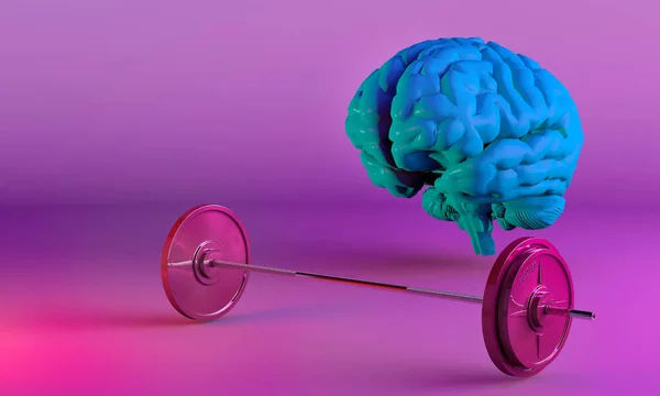 Mavi beyin eğitimi, halterle kasları sallamak. Modern düz stil ince, pembe arkaplan, 3D görüntüleme