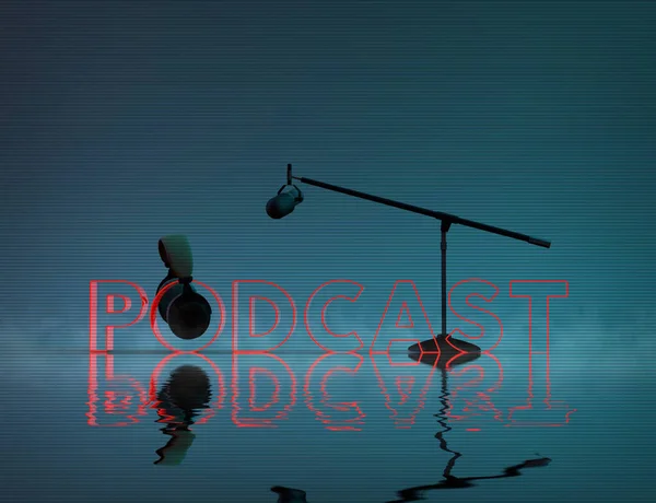 Red Neon Podcast with Headphones and Microphone.3D rendering