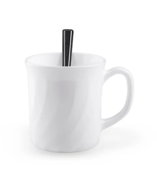 Copo de café branco vazio com colher isolada no branco — Fotografia de Stock