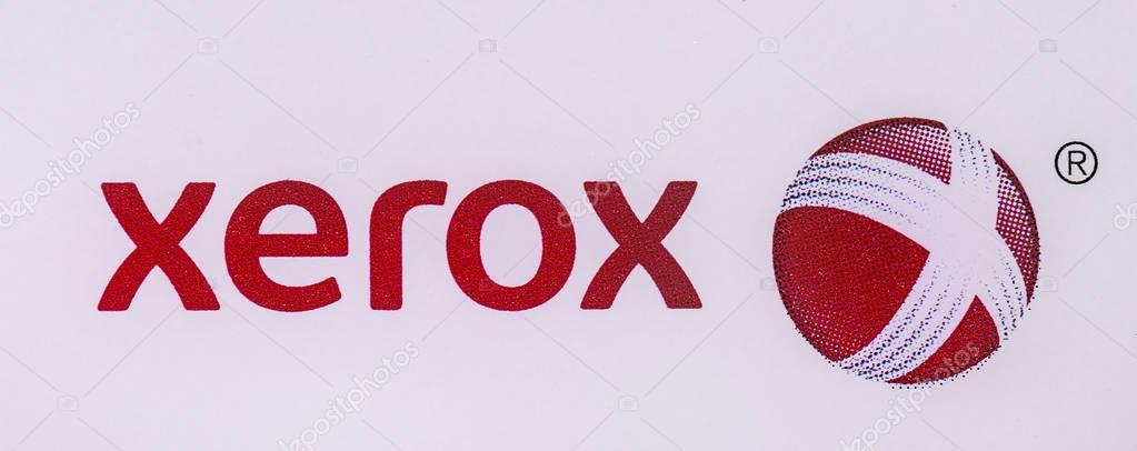 Chisinau, Moldova November 29, 2016: Xerox sign on a wall. Xerox is an American global corporation that sells business services and document technology products like office printers and scanner copiers