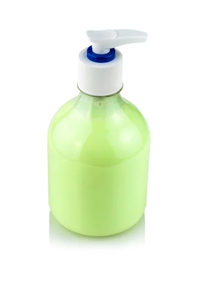 Bottle of hand sanitizer with dispenser on white — Stock Photo, Image