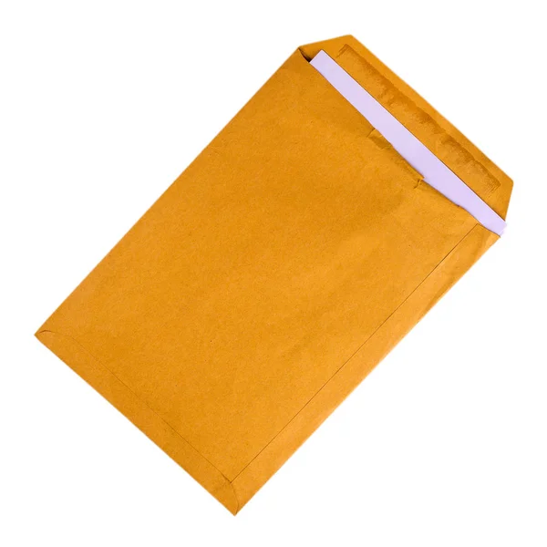 Aberto envelope amarelo usado isolado no fundo branco — Fotografia de Stock