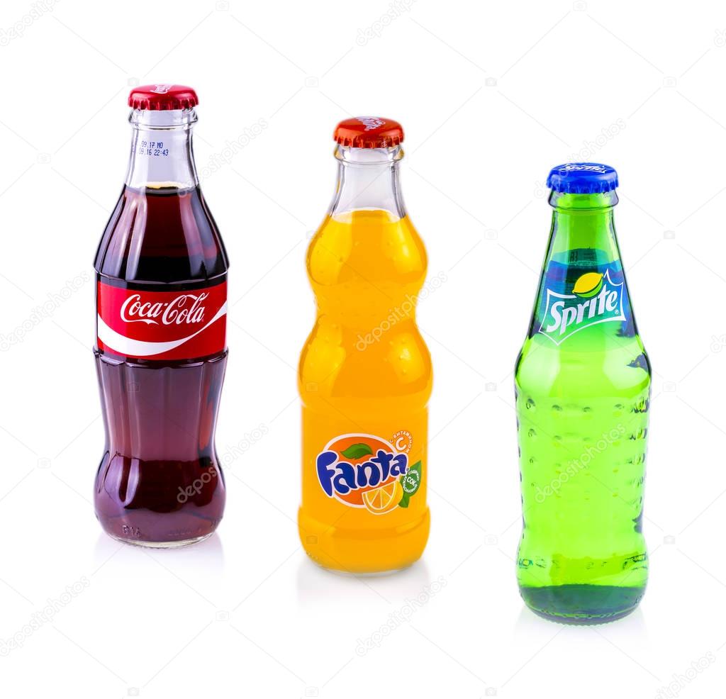 Chisinau, Moldova February 28, 2017: Coca Cola, Sprite and Fanta cans isolated on white background