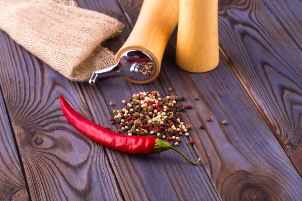 Black pepper corns, red hot chili pepper and Black pepper Powder