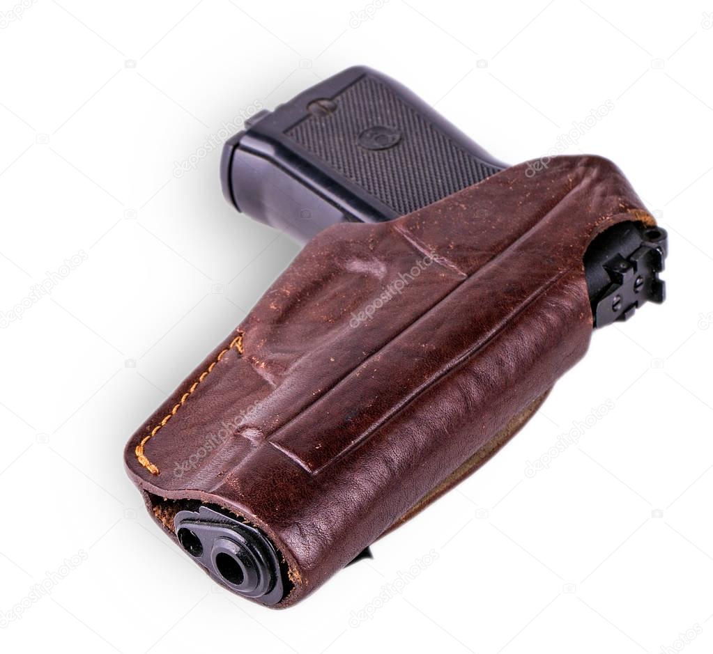 Pistol in holster isolated on white