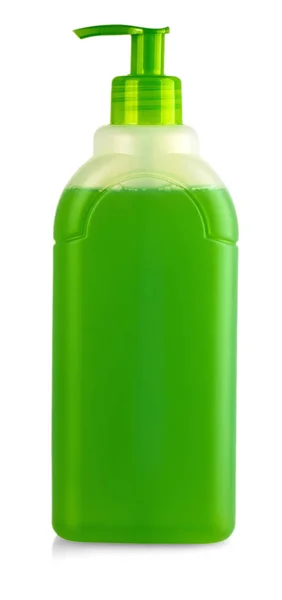 Зеленый пластиковый контейнер для моющих средств, бутылка, изолированная . — стоковое фото