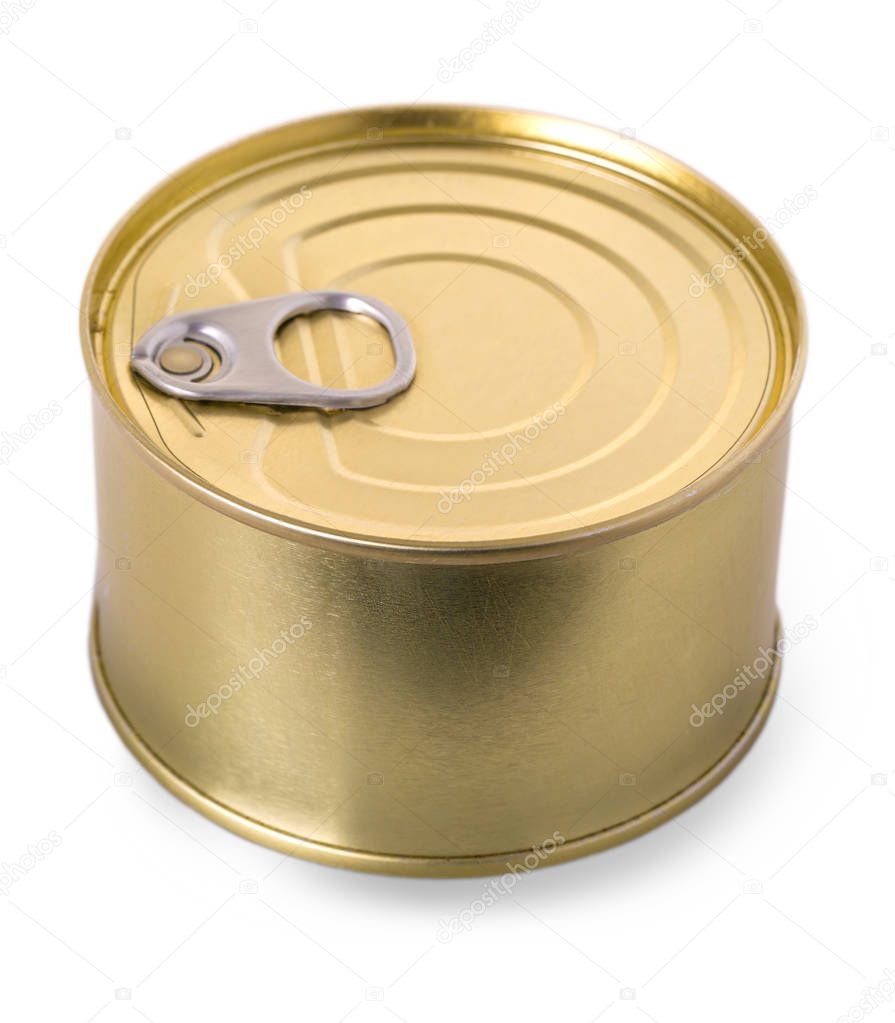 Gold metal tin can isolated on white background.