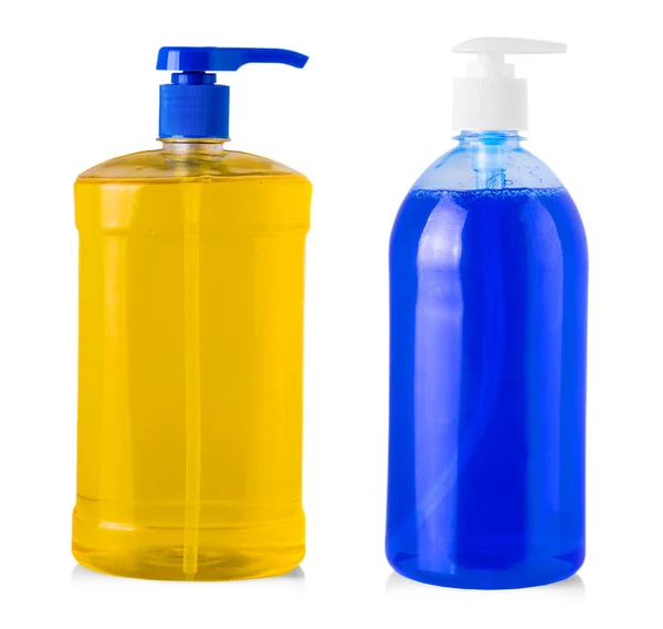 Modrá plastová láhev s Tekutý prací prášek, čištění agen — Stock fotografie