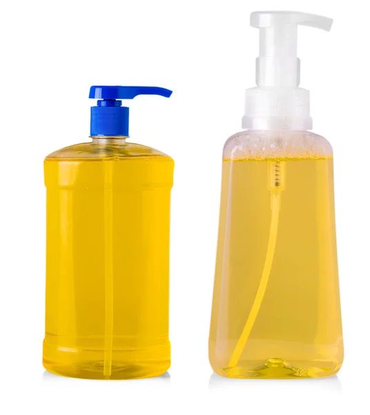 Oranžové plastové lahve s Tekutý prací prášek, čištění — Stock fotografie