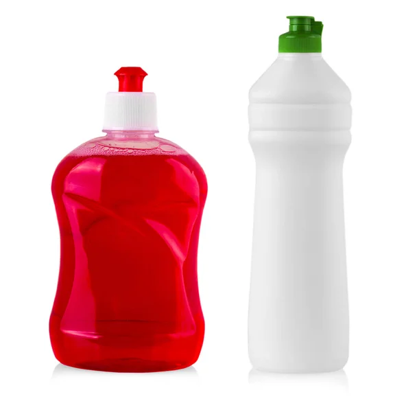Garrafas de plástico com detergente líquido para roupa, agente de limpeza, b — Fotografia de Stock