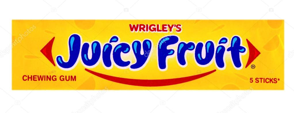 Chisinau, Moldova - SEPTENBER 15, 2017: Wrigley's Juicy Fruit chewing gum 5 sticks isolated on white background with clipping path. Juicy Fruit chewing gum are produced by Wrigley Company