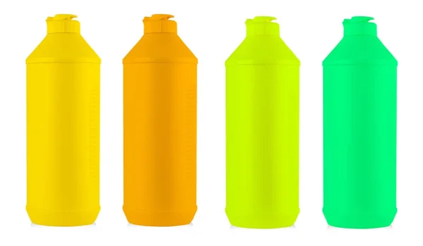 Garrafa de plástico colorido com detergente líquido lavanderia — Fotografia de Stock